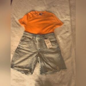Zara Light Blue Denim Shorts Size 36/4 And Orange Top Size M